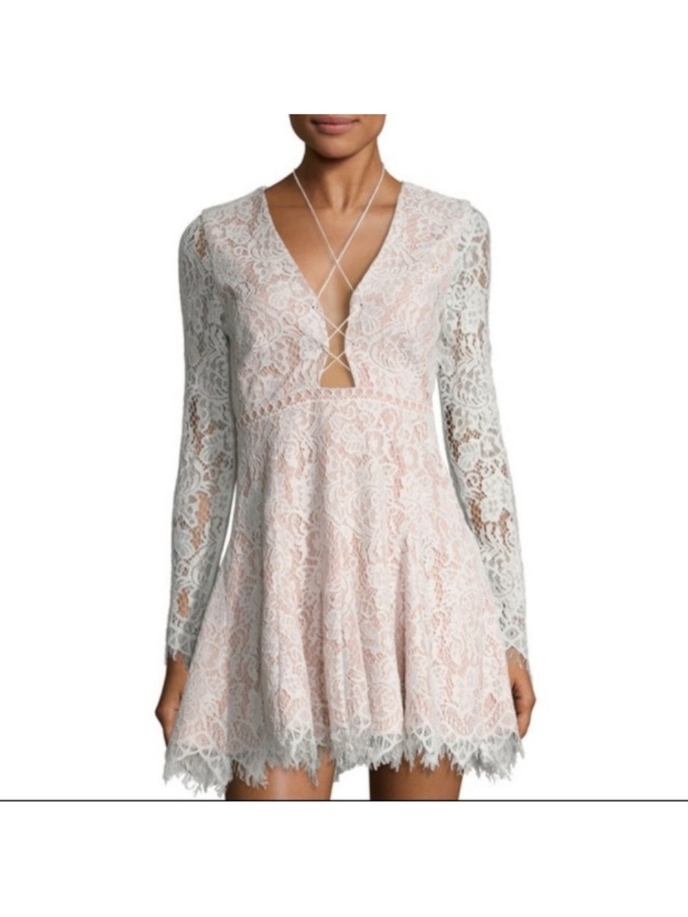 Stylestalker Blush Pink Lace Long-Sleeve V-Neck Mini Dress